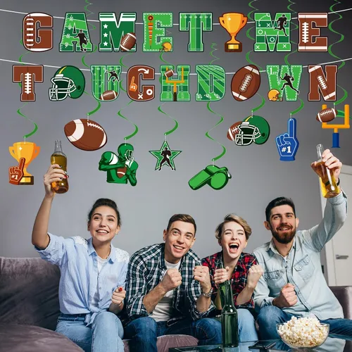 Miniatura 5 de Decoraciones de remolinos colgantes de fútbol americano, suministros de pancarta de cumpleaños que incluyen banderines de tiempo de juego, espirales