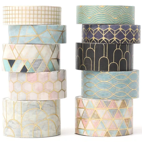 Miniatura 13 de Juego de cintas washi creativas 10 rollos de papel de aluminio dorado con estampado decorativo para manualidades, bricolaje, diarios, Mashup negro