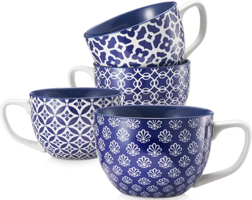Miniatura 10 de DOWAN Mosaian - Juego de 4 tazas de café grandes de 24 onzas, tazas de sopa con asas, tazas de cerámica para sopa/café/cereal/latte, regalos