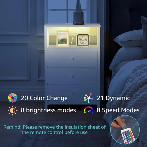 Miniatura 62 de BOLUO Mesita de noche blanca con estación de carga, mesa de noche LED con 2 cajones de tela, mesa auxiliar con puertos USB y tomas de corriente