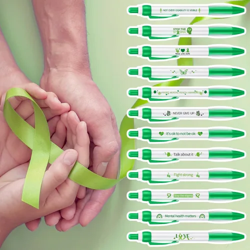 Miniatura 3 de Ctosree Bolígrafos de concientización sobre la salud mental, regalos a granel de 12 estilos de cinta verde, bolígrafos de gel retráctiles, tinta