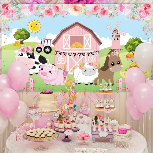 Miniatura 6 de Tatuo Pancarta de fondo de decoración de cumpleaños de granja rosa, tamaño grande, 3.6 x 6 pies, pancarta de fondo de animales de granero para baby