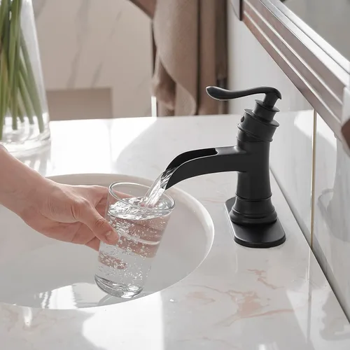 Miniatura 8 de BWE - Grifo de baño negro mate con cascada para lavabo, estilo granja, para tocador de baño, de un solo agujero, con una manija, mezclador