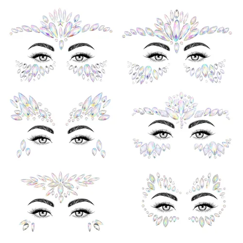 SAOROPEB Gemas faciales – 6 juegos de joyas de cara de sirena, calcomanías temporales de tatuaje, calcomanías de acrílico con purpurina de cristal