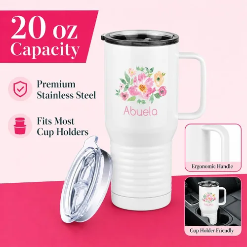 Miniatura 6 de Just So Posh Abuela Flowers Tumbler, Vaso de Café de Viaje con Asa y Tapa Deslizante, Blanco 20 oz Polar Camel, Acero Inoxidable, Aislado al Vacío