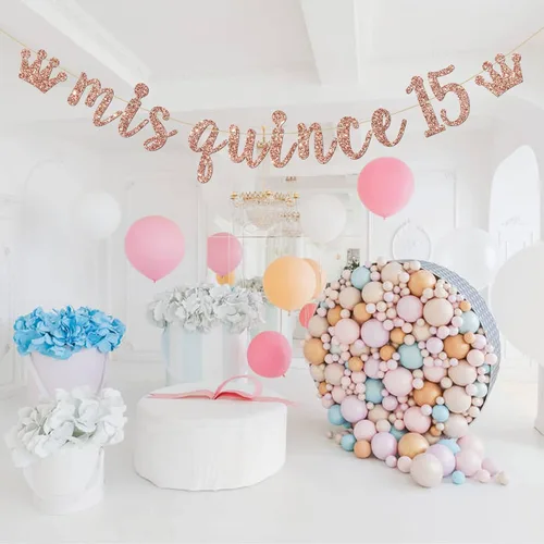 Miniatura 5 de Cartel de membrillo Mis 15, decoraciones para fiesta de cumpleaños de 15 años, pancarta de quince signos, decoraciones de fiesta de cumpleaños 15