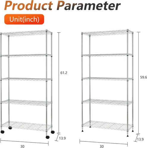 Miniatura 7 de FDW Estantes de almacenamiento de alambre de 5 niveles con ruedas, 30 x 14 x 61 pulgadas, cromados, estantes ajustables, estante de metal Cromo