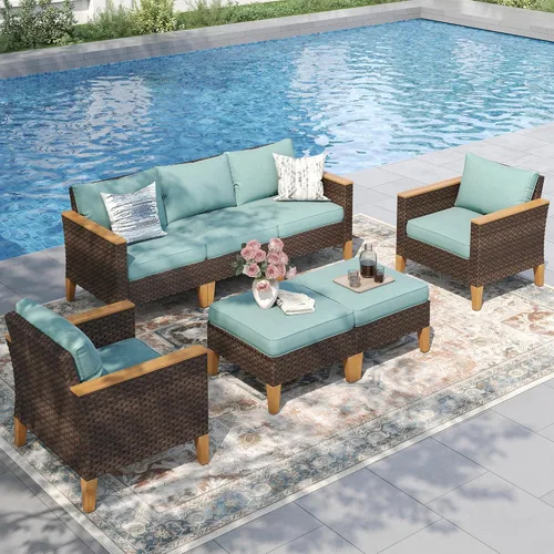 Miniatura 21 de PHI VILLA Otomana de mimbre para patio, 2 piezas, asiento otomano de mimbre para todo tipo de clima, reposapiés para exteriores con cojines