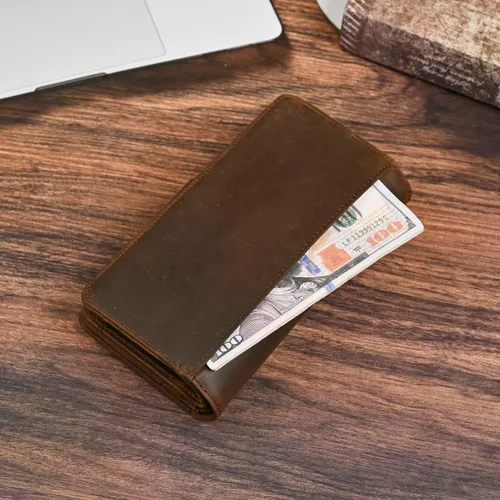 Miniatura 71 de Genuino Caballo Loco Cuero Regalo de Viaje Moneda Bolsillo Tarjetero Organizador Largo Cadena Rfid Cartera Monedero Con Broche Para Hombres Hombres