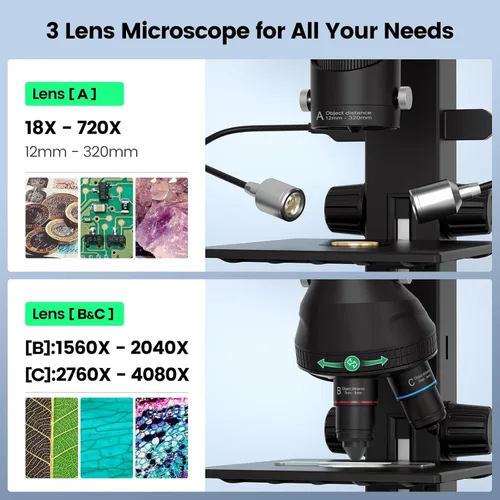 Miniatura 2 de JL246PS Microscopio digital HDMI de 3 lentes de 7 pulgadas 4000X, microscopio biológico para adultos y niños con diapositivas preparadas, video UHD