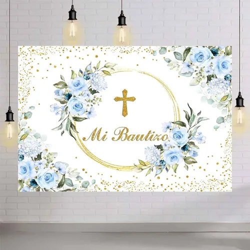 Miniatura 4 de AIBIIN Telón de fondo Mi Bautizo de 7 x 5 pies para niño, color azul, floral, bautismo, primera comunión, fotografía, fondo, bautizo, puntos