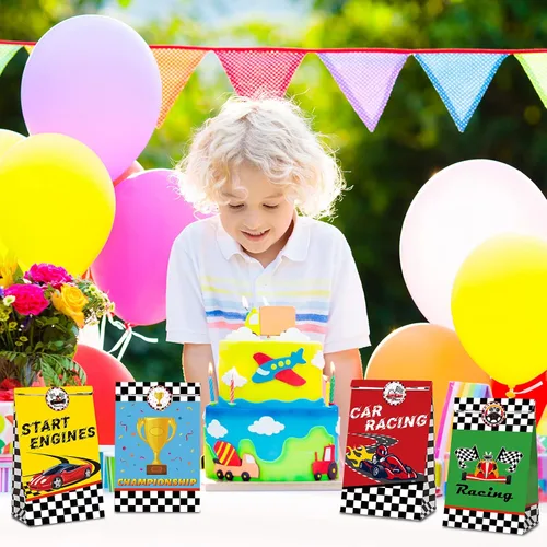 Miniatura 4 de Tallew 24 bolsas de recuerdo de fiesta de coches de carreras con calcomanías, bandera a cuadros, bolsa de dulces para fiesta de carreras, Pit Crew