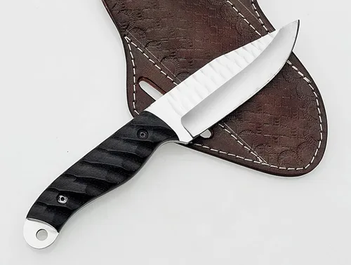 Miniatura 5 de Cuchillo de caza hecho a mano de acero de alto carbono con mango de micarta negro y funda de cuero - Herramienta de campamento y supervivencia