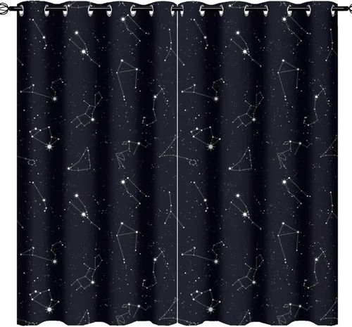 Miniatura 22 de Cortinas de Constelación, Arte Moderno Abstracto Patrón de Símbolos de Constelación Galaxia Negra Blanca, Tratamientos para Ventanas con Aislamiento