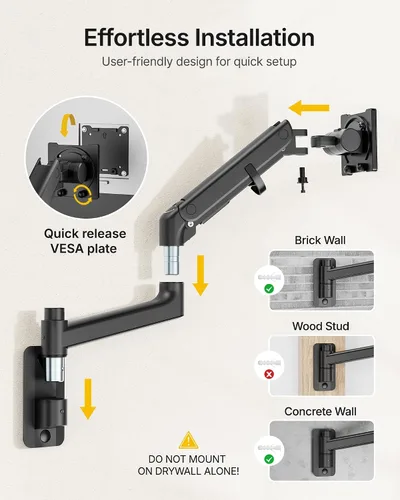 Miniatura 5 de monTEK Soporte de pared para monitor para pantallas ultraanchas de 17-57" hasta 59.4 libras, brazo de monitor individual de resorte de gas