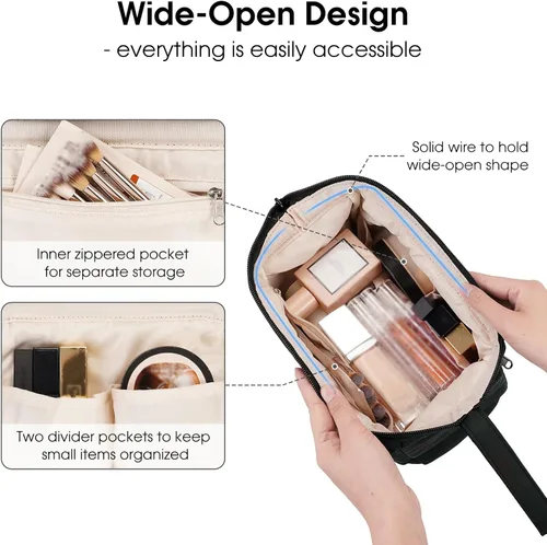 Miniatura 2 de Narwey Bolsa de maquillaje para mujer, bolsa de maquillaje de gran apertura, bolsa de cosméticos de viaje, bolsa organizadora de artículos de Negro