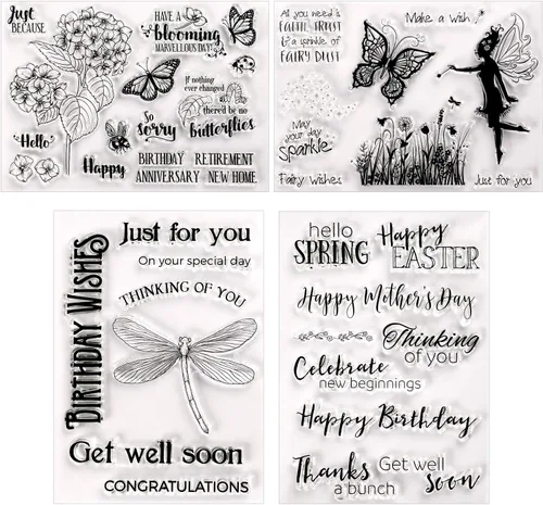 Outus 4 hojas de sellos transparentes de silicona para primavera y verano con palabras de felicitación, patrón de flores, mariposas, libélula para