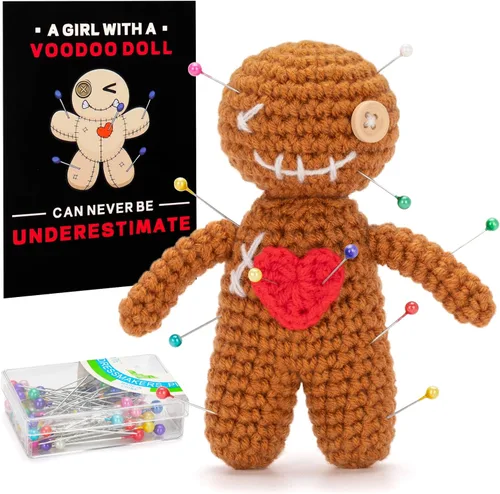 Muñeca de vudú positiva graciosa hecha a mano de ganchillo rellena de peluche con tarjeta de afirmación de positividad para decoración de Halloween,