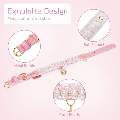 Miniatura 4 de Collar Premium de Cuero PU para Gato y Perro con Colgante de Concha - Ajustable, Perla Linda, Encaje Hermoso, Rosa Pequeña