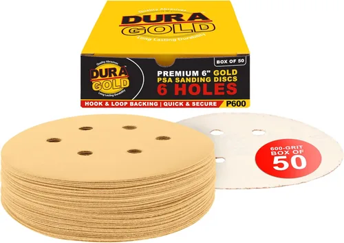 Miniatura 10 de Dura-Gold Premium 80, 120, 220, 320, 400 discos de papel de lija dorados de 6 pulgadas, patrón de 6 agujeros, sin polvo, 10 cada uno, 50 en total