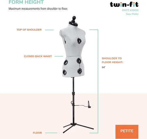 Miniatura 9 de Dritz Forma de Vestido Ajustable Twin-Fit Petite, Tallas US 00–4, Maniquí de Costura Femenino con Torso Corporal Pinnable, 13 Diales para Ajuste