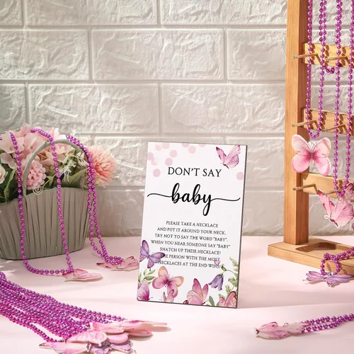 Miniatura 5 de Roowest 51 No Digas Juego de Baby Shower Mariposa Decoraciones de Baby Shower Incluídas Juego de Mariposa Letrero de Mesa de Madera 50 Collares