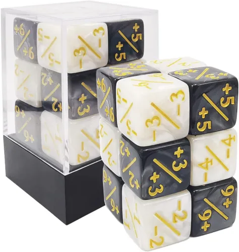 Juego de 12 contadores de dados positivos y negativos de 0.630 in en caja de ladrillos, dados de fidelidad de dados de token de mármol, compatibles