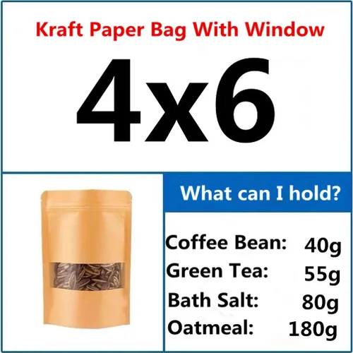 Miniatura 3 de Bolsas de papel kraft sellables para alimentos de pie, bolsas de papel Mylar con ventana transparente y cremallera, resistentes decorativas