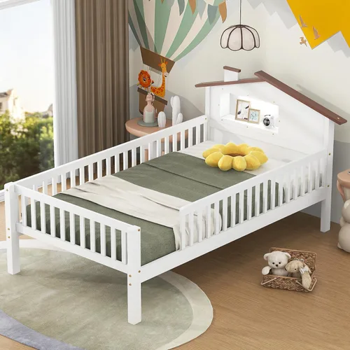 Miniatura 26 de VilroCaz Moderna cabecera de almacenamiento de cama de tamaño individual y barandilla de seguridad para niños, base de cama de plataforma de madera