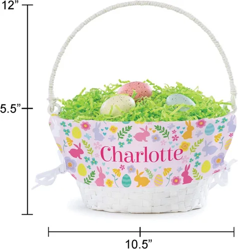 Miniatura 5 de Cesta de huevo de Pascua personalizada con diseño de flores de conejo con asa y nombre personalizado, forros de canasta de Pascua rosados, canasta