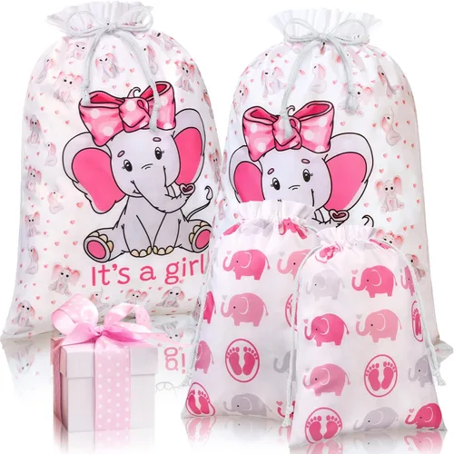 Sadnyy 4 bolsas de regalo para baby shower, grandes elefantes rosas con cordón de tela, para baby shower, cumpleaños infantil, fiesta de revelación