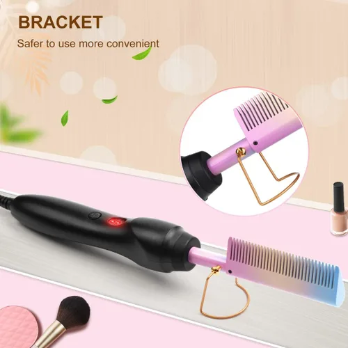 Miniatura 7 de Hot Comb - Cepillo de cerámica portátil para alisar y rizar antiquemaduras, plancha plana eléctrica con calefacción y peine para presionar la barba