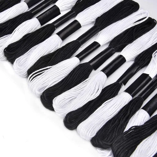 Miniatura 2 de 24 madejas de hilo de punto de cruz, hilo de algodón bordado en blanco y negro, pulseras de la amistad con 12 bobinas de hilo para tejer, proyecto