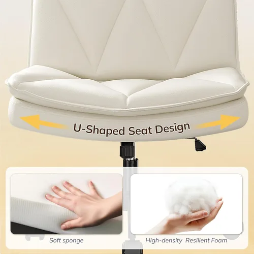 Miniatura 6 de DurayLoly Silla Criss Cross con Ruedas, Silla de Oficina con Patas Cruzadas con 2 Capas de Cuero Comfty & Back, Silla de Tocador Ancha sin Brazos