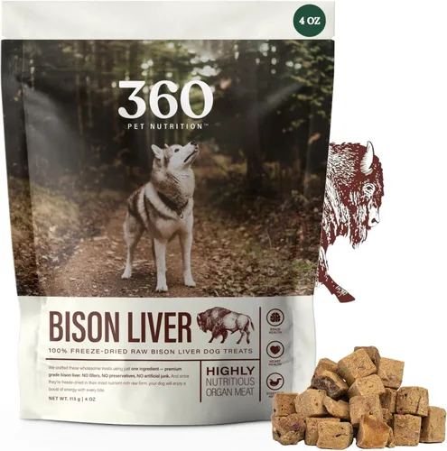 360 Pet Nutrition Golosinas de hígado de bisonte crudo liofilizado para perros, un solo ingrediente, alto en proteínas, sin granos, aperitivos de