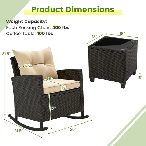 Miniatura 6 de KOTEK Juego de 3 piezas de muebles de patio, mecedoras de mimbre para exteriores y mesa de cristal, juego de conversación de ratán PE para porche