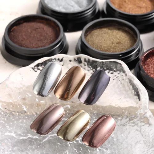 Miniatura 5 de Polvo de uñas cromado, efecto espejo, polvo metálico, 6 colores, bronce, marrón, negro, oro rosa, holográfico, purpurina cromada, pigmento en polvo