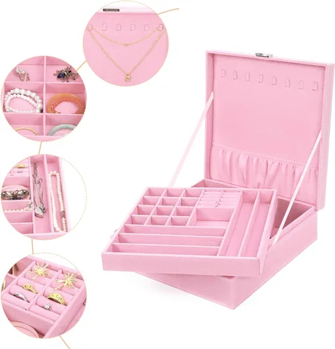 Miniatura 20 de MOSISO Joyero, organizador de almacenamiento de joyas, apilable, de doble capa, con bloqueo, para mujeres, collar, aretes, pulsera, anillo y broche