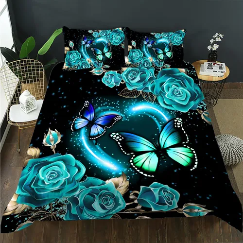 AILONEN Juego de funda de edredón de tamaño King con diseño de mariposa para niñas y mujeres, juegos de ropa de cama con corazones estrellados y