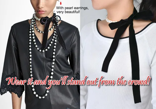 Miniatura 4 de AKOAK 1 paquete de collar de lazo negro vintage con lazo de perlas, longitud ajustable, elegante collar de joyería único, cadena de suéter