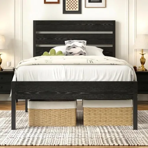 Miniatura 19 de VECELO Base de cama tamaño individual, plataforma de metal resistente con cabecera de madera, no necesita somier, color marrón antiguo