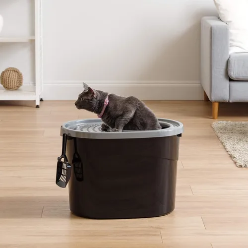 Miniatura 10 de IRIS USA - Caja de arena grande para gatos, con entrada superior, tapa de captura de arena y pala, a prueba de perros, caja de arena cerrada