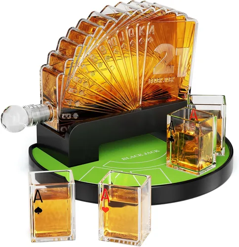 Kollea Juego de decantador de whisky Blackjack, decantador estilo casino de 37.2 onzas con 4 vasos, dispensador de licor, divertidos regalos de