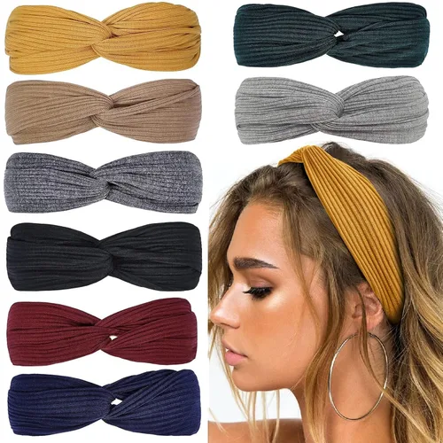 Miniatura 16 de Huachi Diademas turbantes para mujer, bandas anchas para la cabeza, moda de otoño, bandas elásticas gruesas y bohemias antideslizantes para niñas