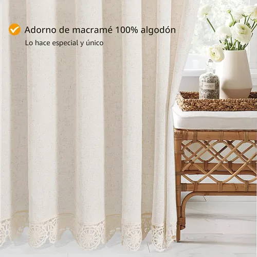 Miniatura 6 de Gibelle Juego de Cortina de Ducha Boho Farmhouse, Cortina de Ducha de Tela de Algodón y Lino con Decoración de Encaje Macramé, Cortina de Baño Beige
