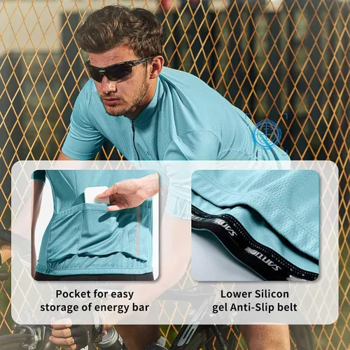 Miniatura 11 de Santic Camiseta de ciclismo para hombre, manga corta, camiseta de ciclismo de carretera, cremallera completa, UPF 50+, MTB con bolsillos