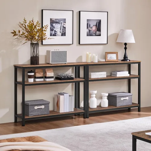 Miniatura 9 de Yaheetech Mesa consola industrial, mesa de entrada de 3 niveles con estantes de almacenamiento, mesas de sofá estrechas para sala de estar, Marrón