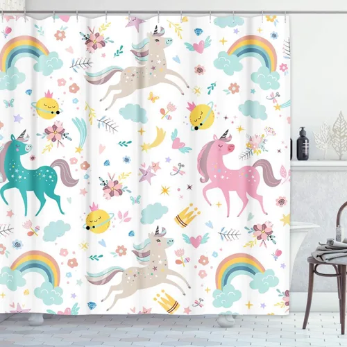 Emvency Cortina de ducha para niños, diseño de unicornio azul arcoíris, rosa, flecha, hermosa tela de poliéster impermeable, 72 x 72 pulgadas, juego