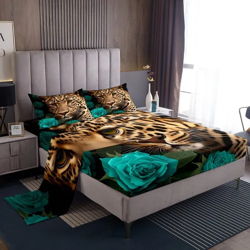 Miniatura 24 de Erosebridal Sábanas de cama de guepardo con rosa roja, juego de sábanas de bolsillo profundo con estampado de leopardo y gato, sábana bajera