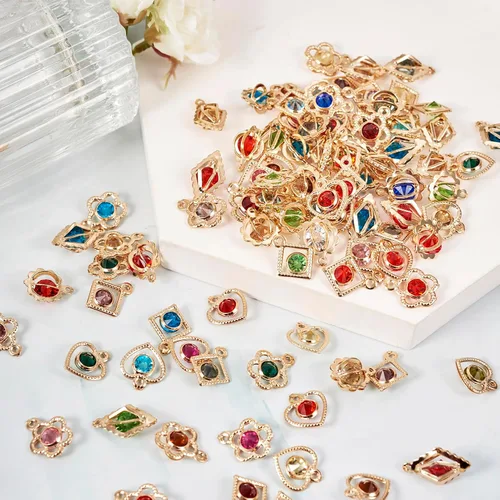 Miniatura 7 de Cheriswelry 48 piezas de 15 mm de abalorios de aleación de metal de color gris plateado, cristales de strass, dijes planos redondos, dijes de piedra